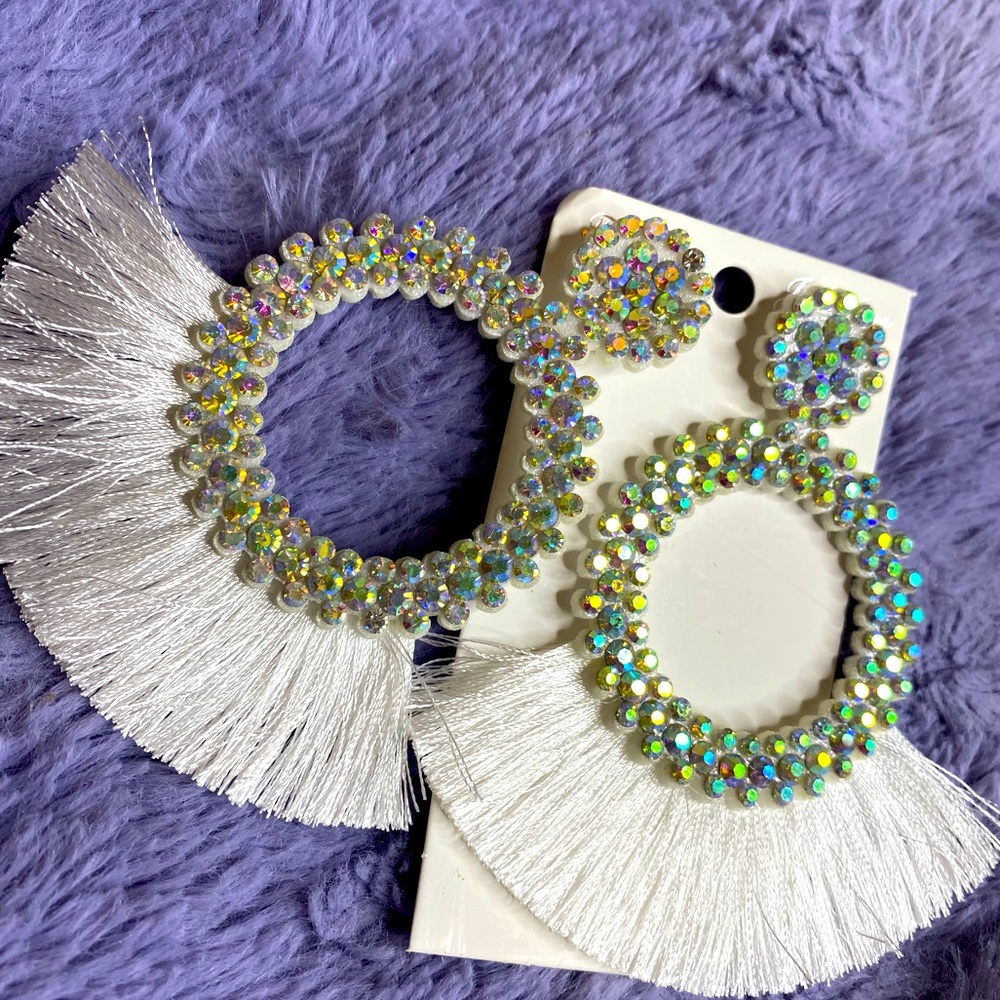 Rhinestone Tassel Drop Earrings White